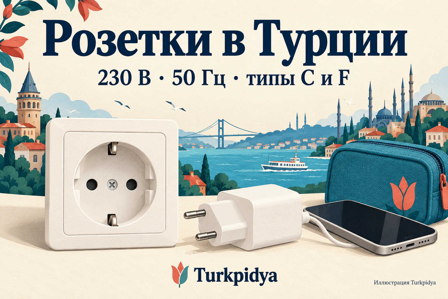 Иллюстрация розетки F, зарядного устройства с двумя круглыми штырями и телефона на фоне Стамбула