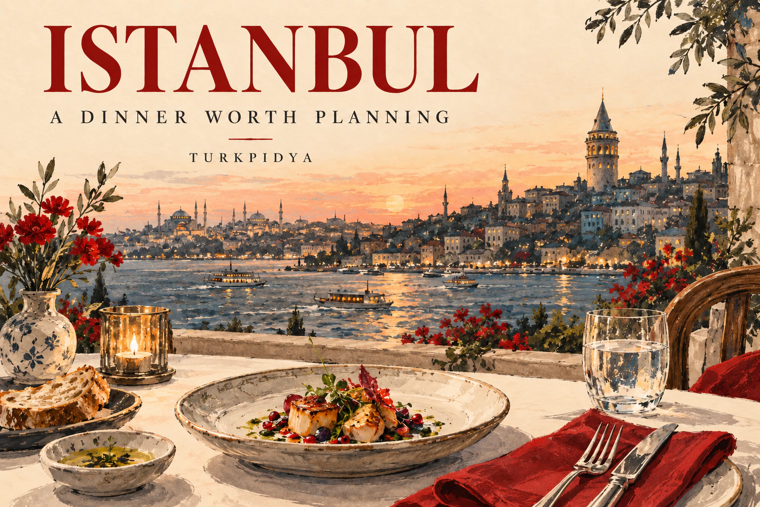 Illustrated Istanbul skyline and a dinner table at dusk, with food and a water tumbler