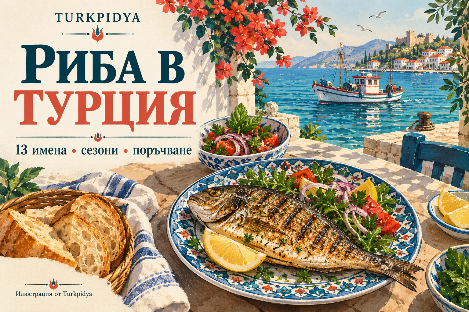 Turkpidya: Риба в Турция — 13 имена, сезони и поръчване; илюстрация на рибна вечеря край морето.