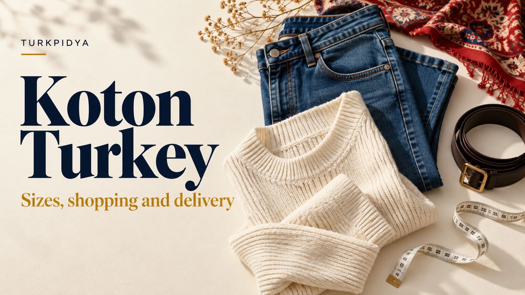 Koton Turkey guide: denim, knitwear, a belt and measuring tape on an ivory background.