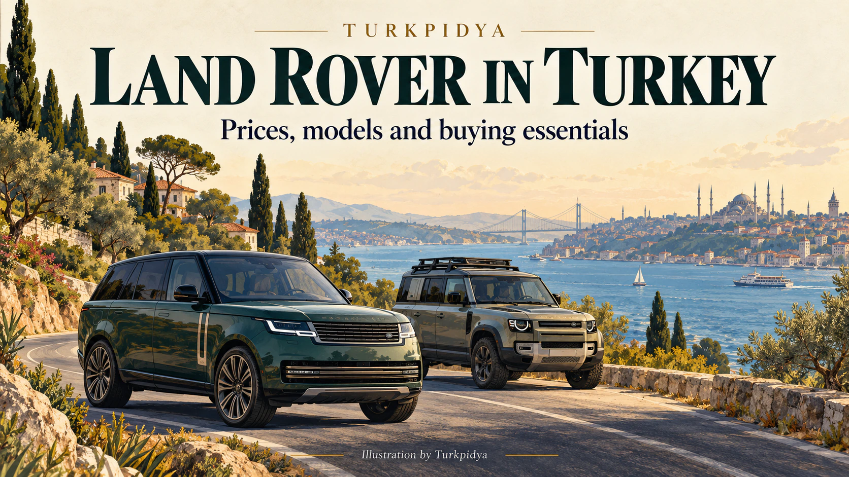 Illustrated luxury and expedition SUVs overlooking a Turkish coastal city.