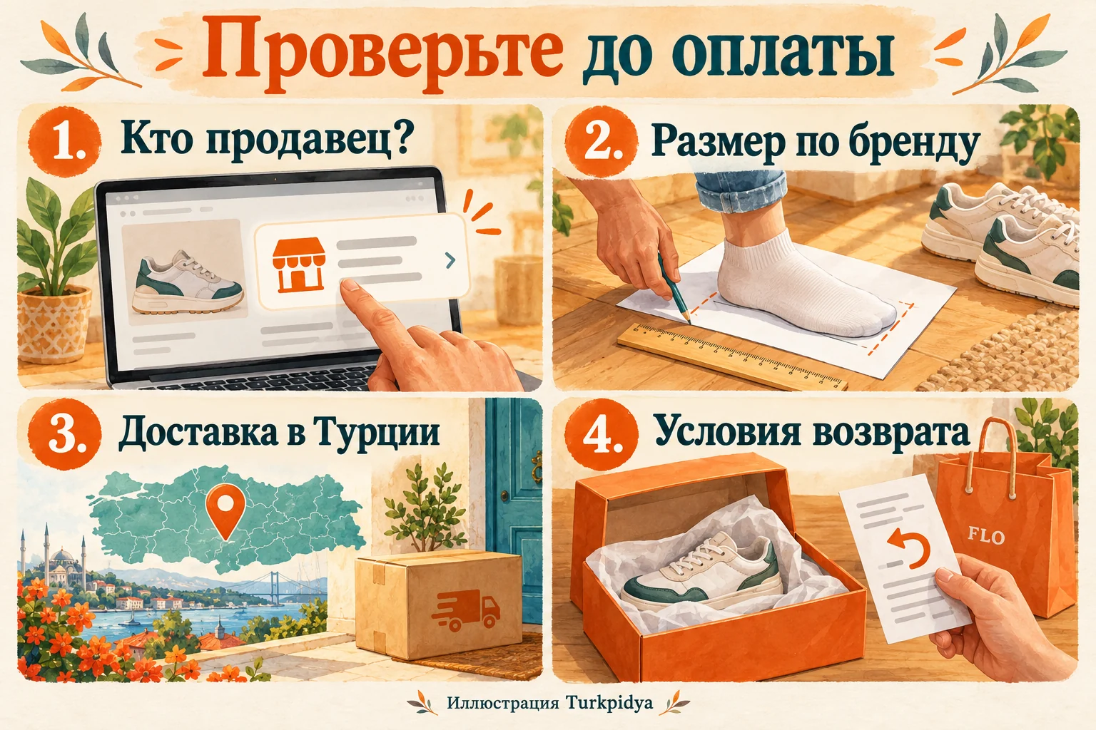 Четыре проверки перед покупкой: продавец, размер по бренду, доставка в Турции и условия возврата