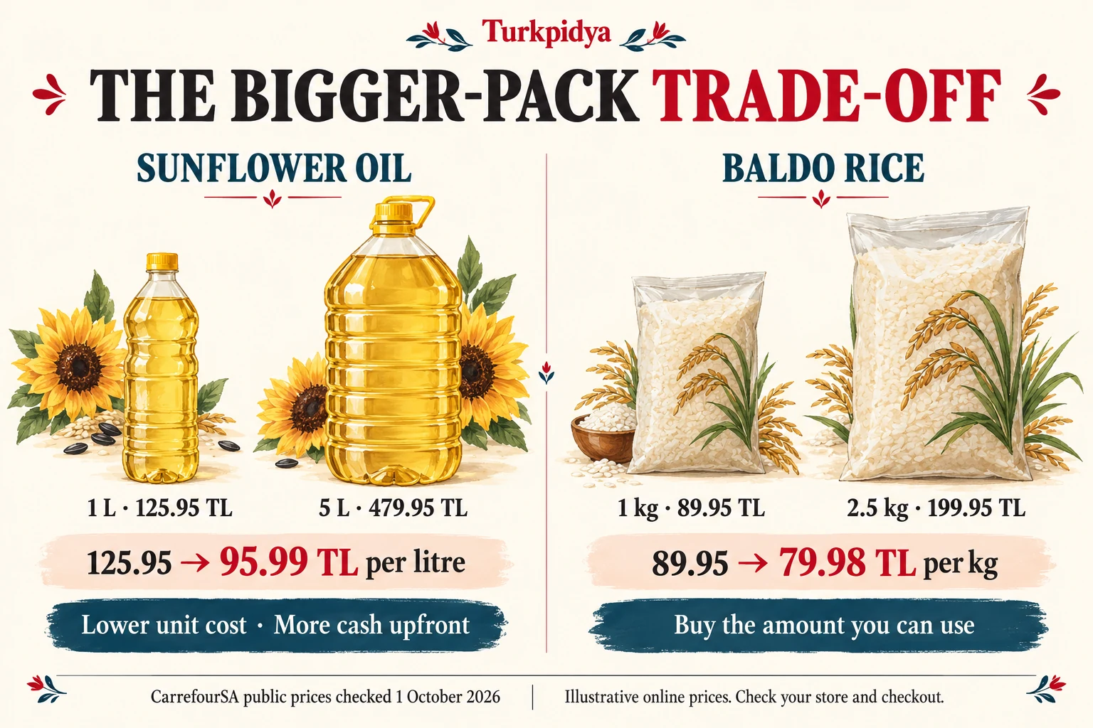Sunflower oil: 125.95 TL per litre in the small pack versus 95.99 in the larger; rice: 89.95 TL per kilogram versus 79.98. Larger packs need more money upfront.