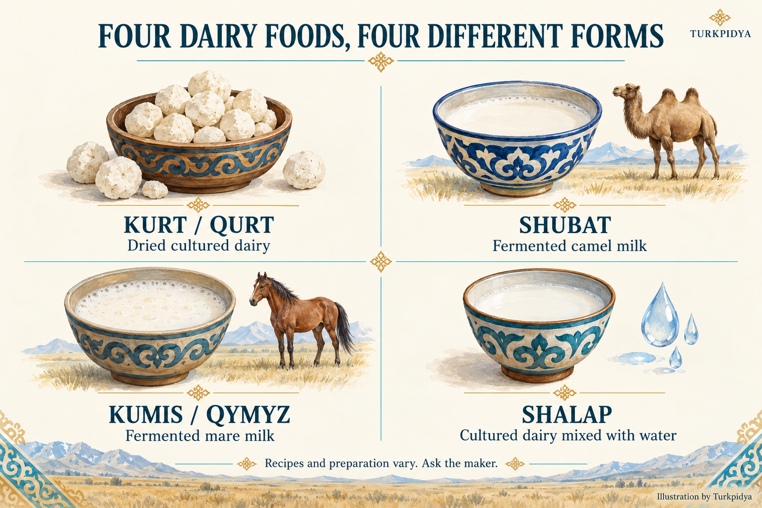 Four dairy foods compared: kurt is dried cultured dairy; shubat is fermented camel milk; kumis is fermented mare milk; shalap is cultured dairy mixed with water.