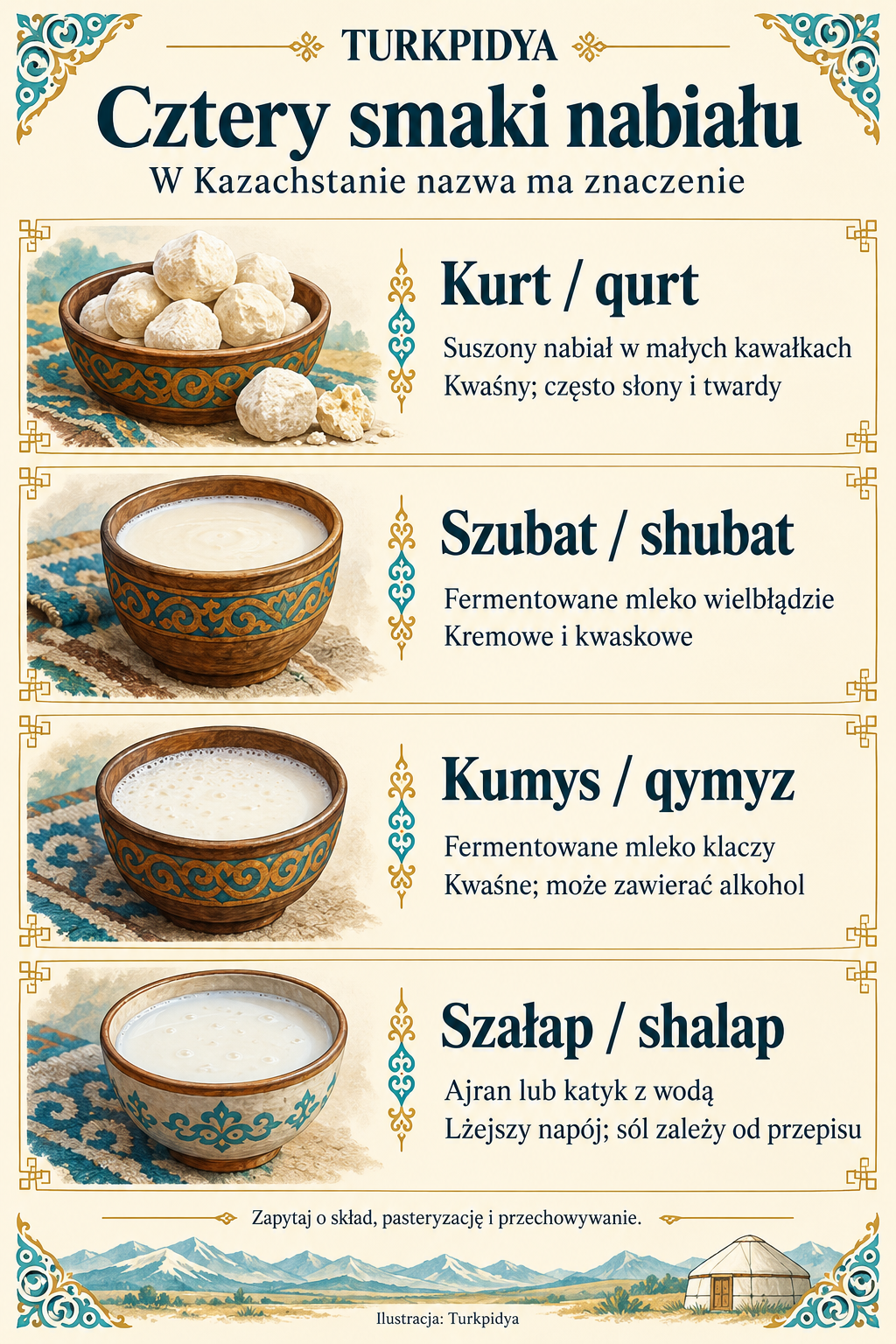 Porównanie: kurt to suszony nabiał, szubat to fermentowane mleko wielbłądzie, kumys to fermentowane mleko klaczy, a szałap to nabiał z wodą.