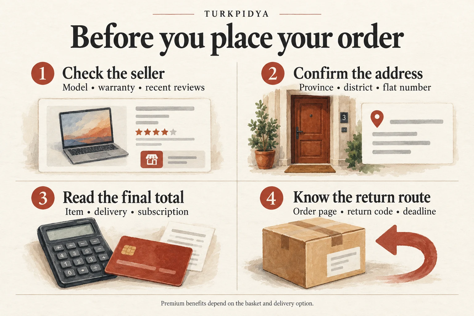 Four checks before ordering: seller and warranty, complete address, final total, and the return route