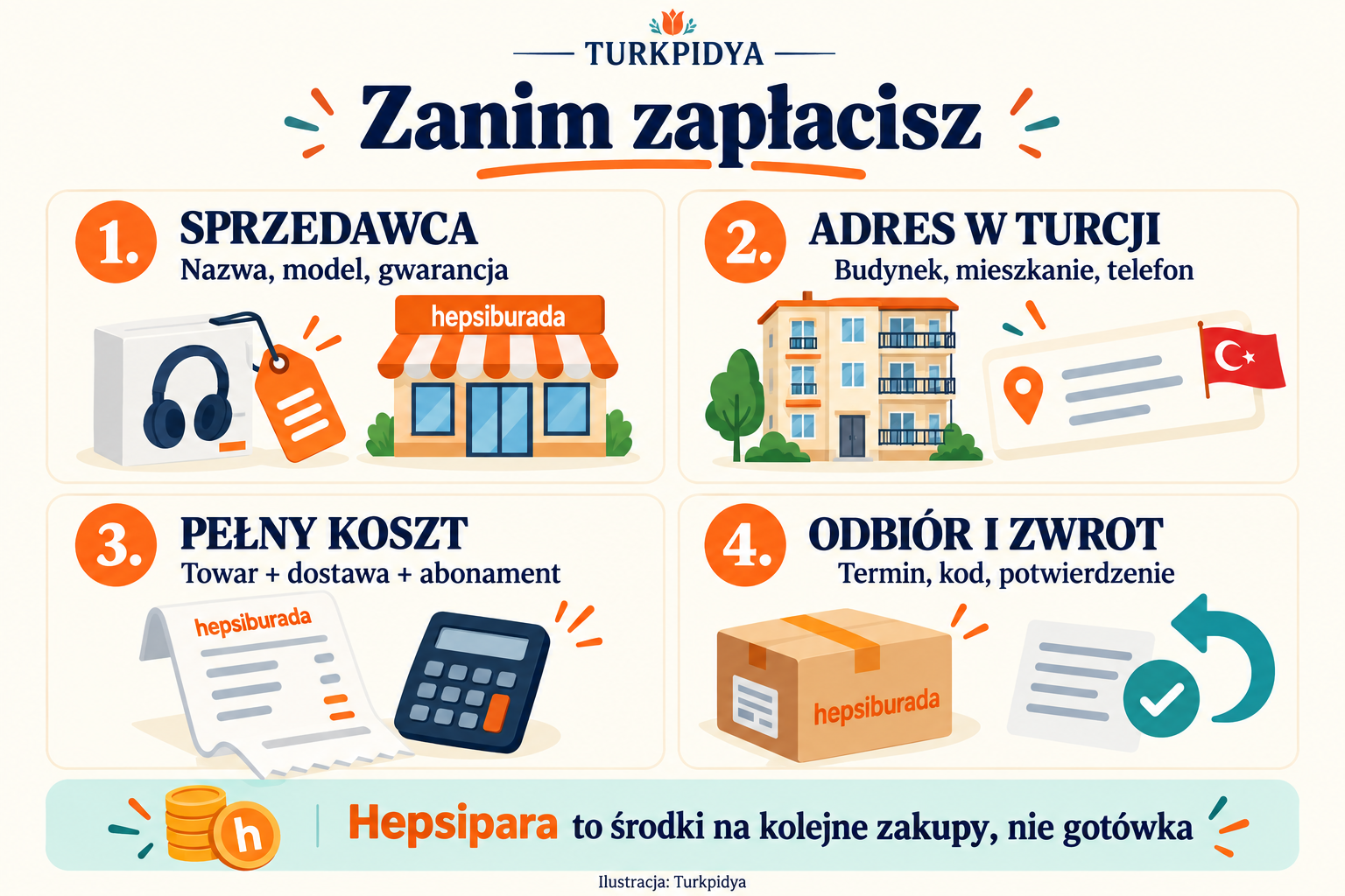 Cztery kontrole przed płatnością: sprzedawca, adres w Turcji, pełny koszt oraz odbiór i zwrot