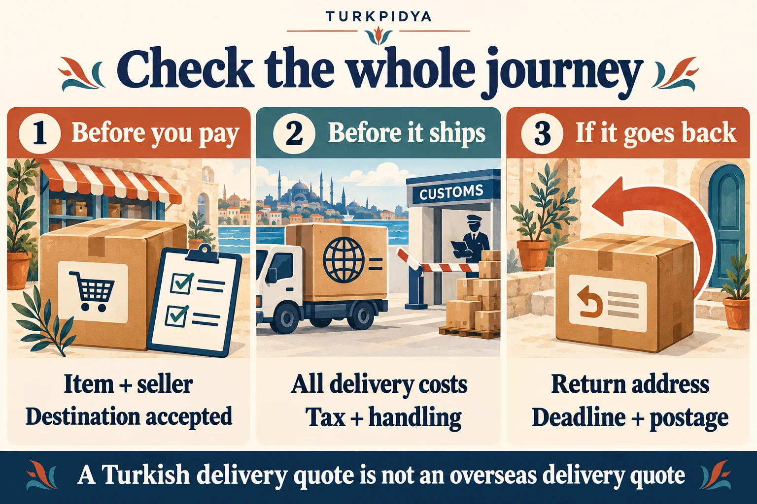 Three checks: before paying, confirm item, seller and destination; before shipping, confirm delivery costs, tax and handling; for returns, confirm address, deadline and postage.
