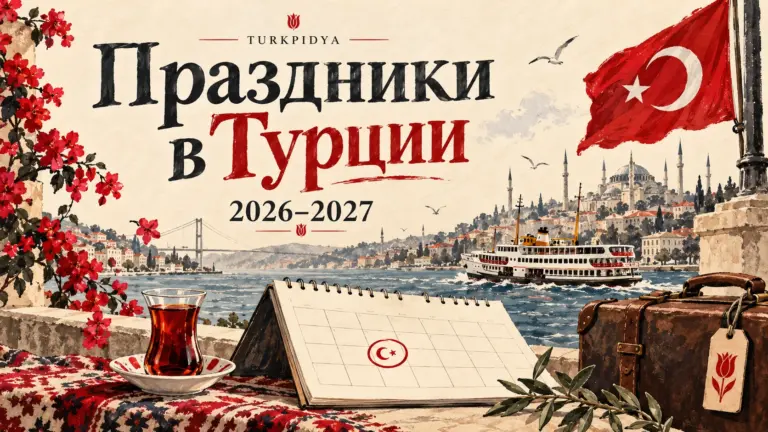 Праздники в Турции 2026–2027: календарь, Босфор и чемодан, иллюстрация Turkpidya