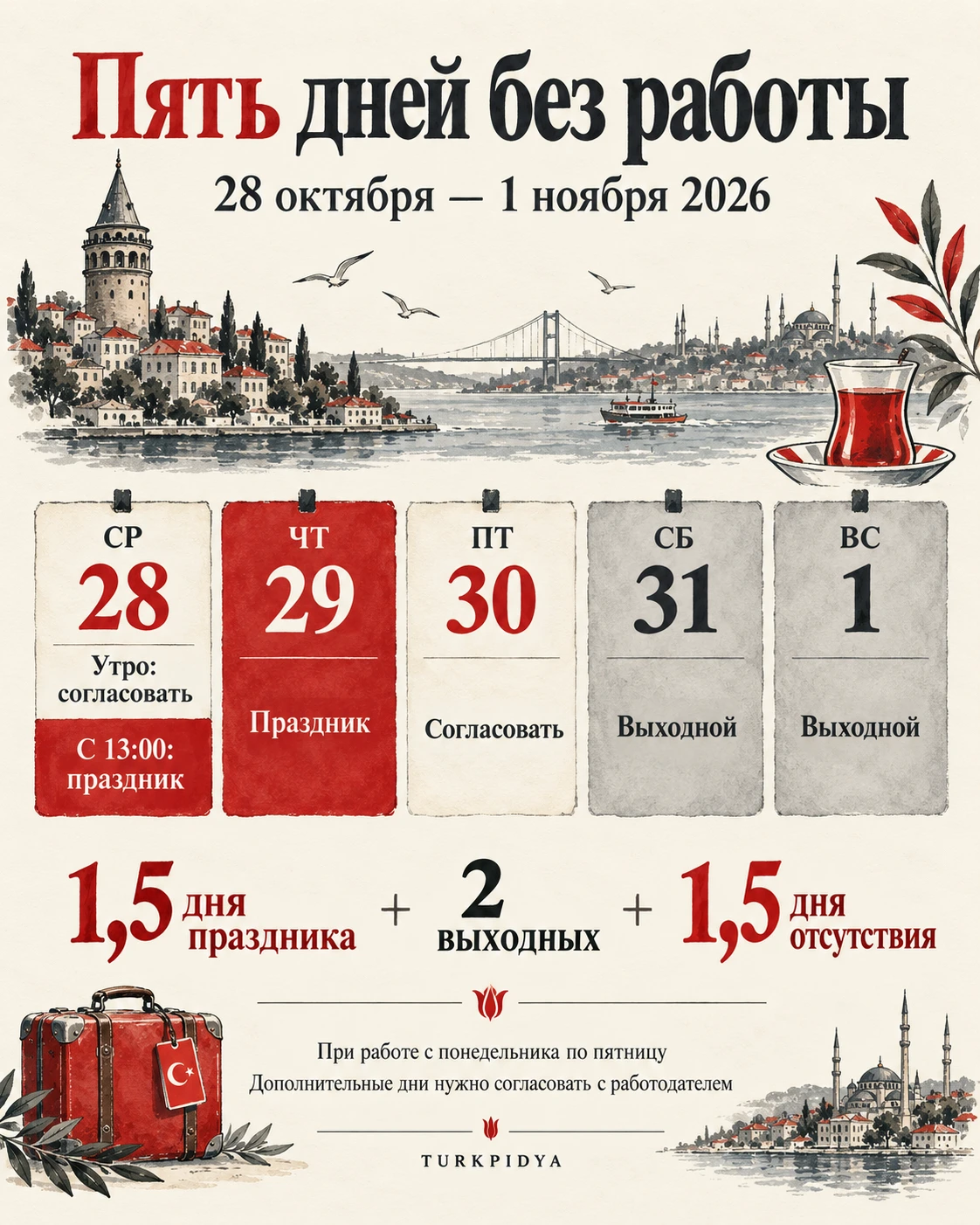 28 октября &mdash; 1 ноября 2026: 1,5 праздничного дня, два выходных и 1,5 дня дополнительного отсутствия. Утро 28 октября и 30 октября нужно согласовать с работодателем.