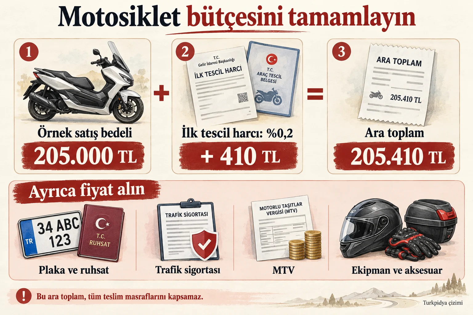 PCX125 bütçe örneği: 205.000 TL liste fiyatı, 410 TL ilk tescil tutarı ve 205.410 TL bilinen ara toplam