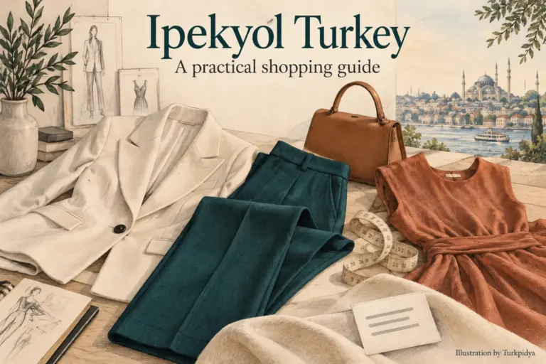 Illustrated Ipekyol Turkey shopping guide with clothing, a handbag and a measuring tape