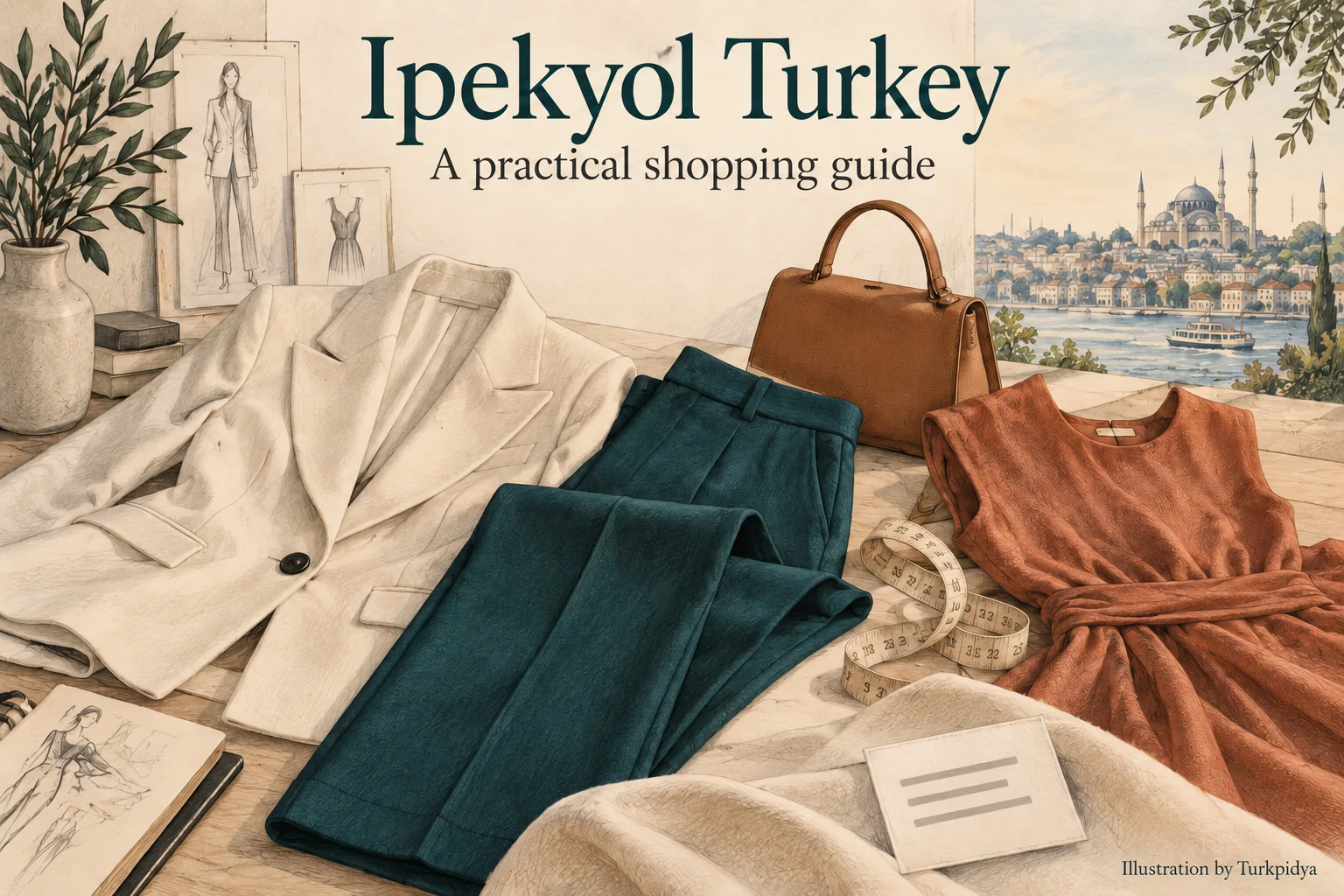Illustrated Ipekyol Turkey shopping guide with clothing, a handbag and a measuring tape