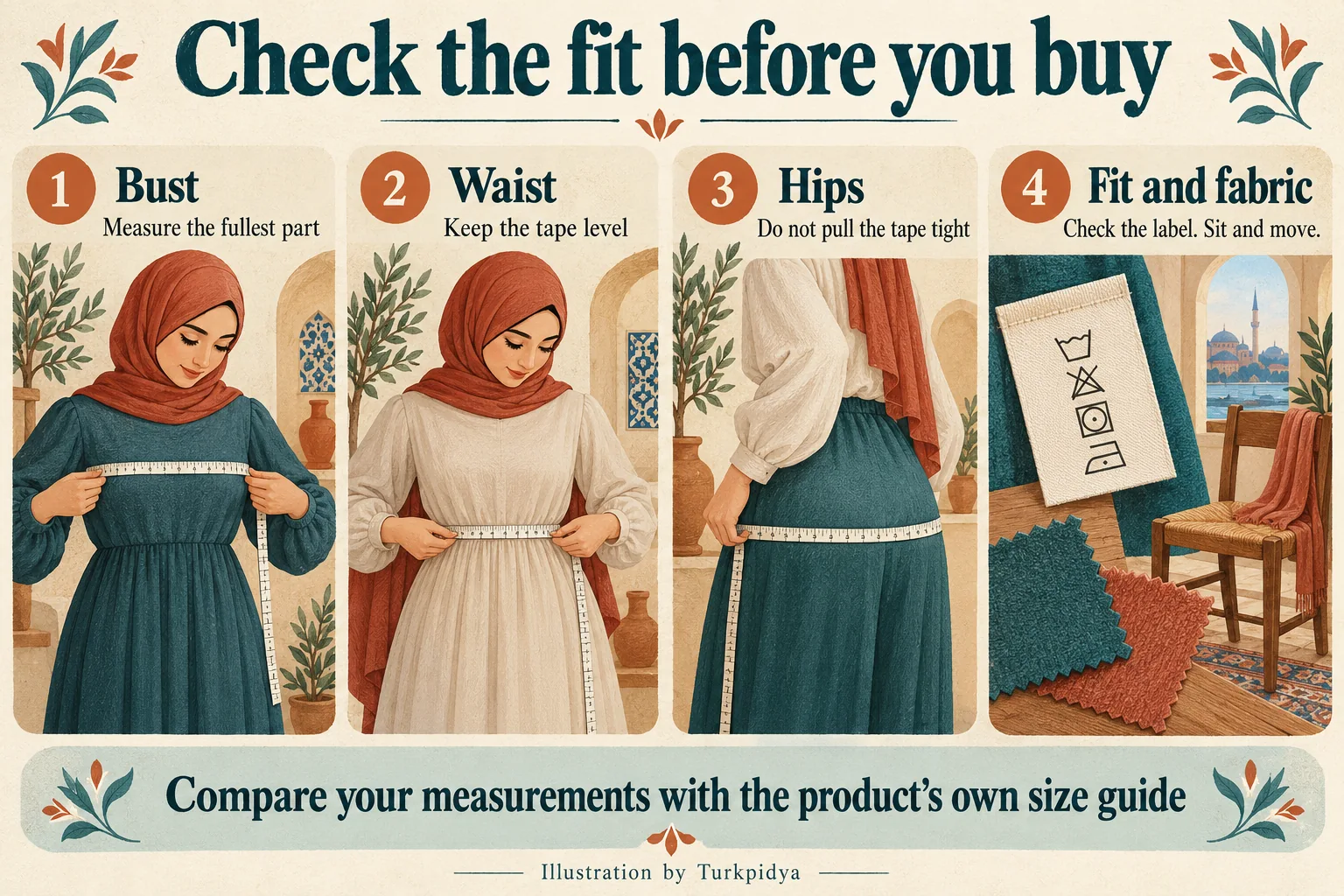 Four illustrated fit checks: measure bust, waist and hips, then inspect the fabric and test movement