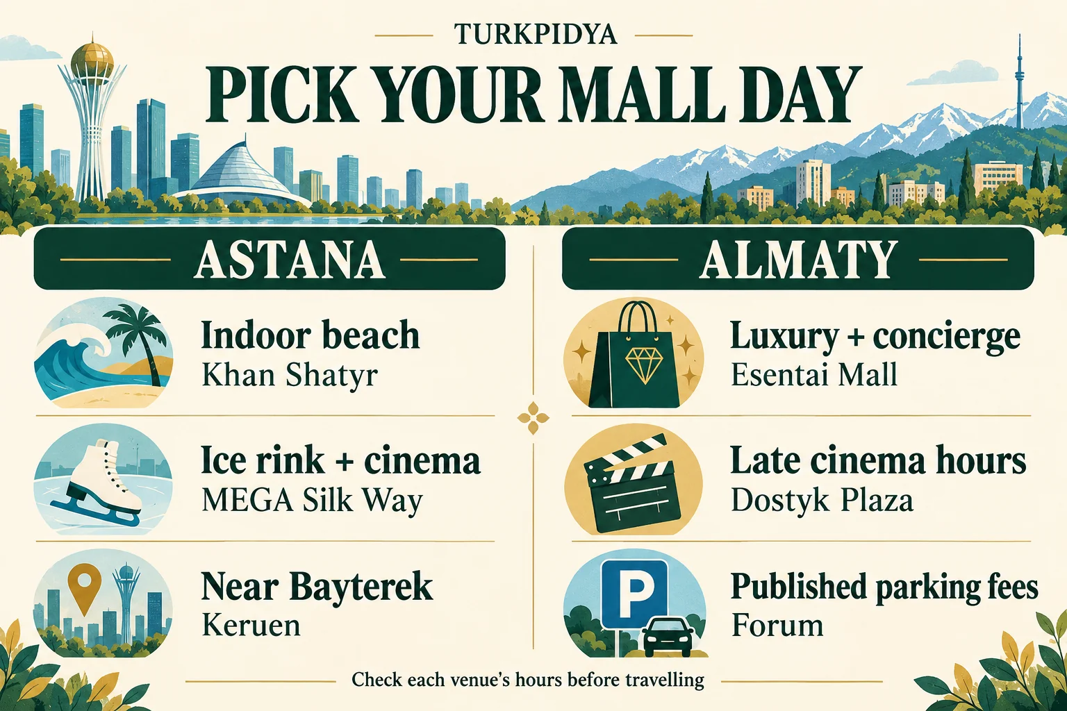 Astana: Khan Shatyr for an indoor beach, MEGA Silk Way for ice rink and cinema, Keruen near Bayterek. Almaty: Esentai for luxury and concierge, Dostyk Plaza for late cinema, Forum for published parking fees.