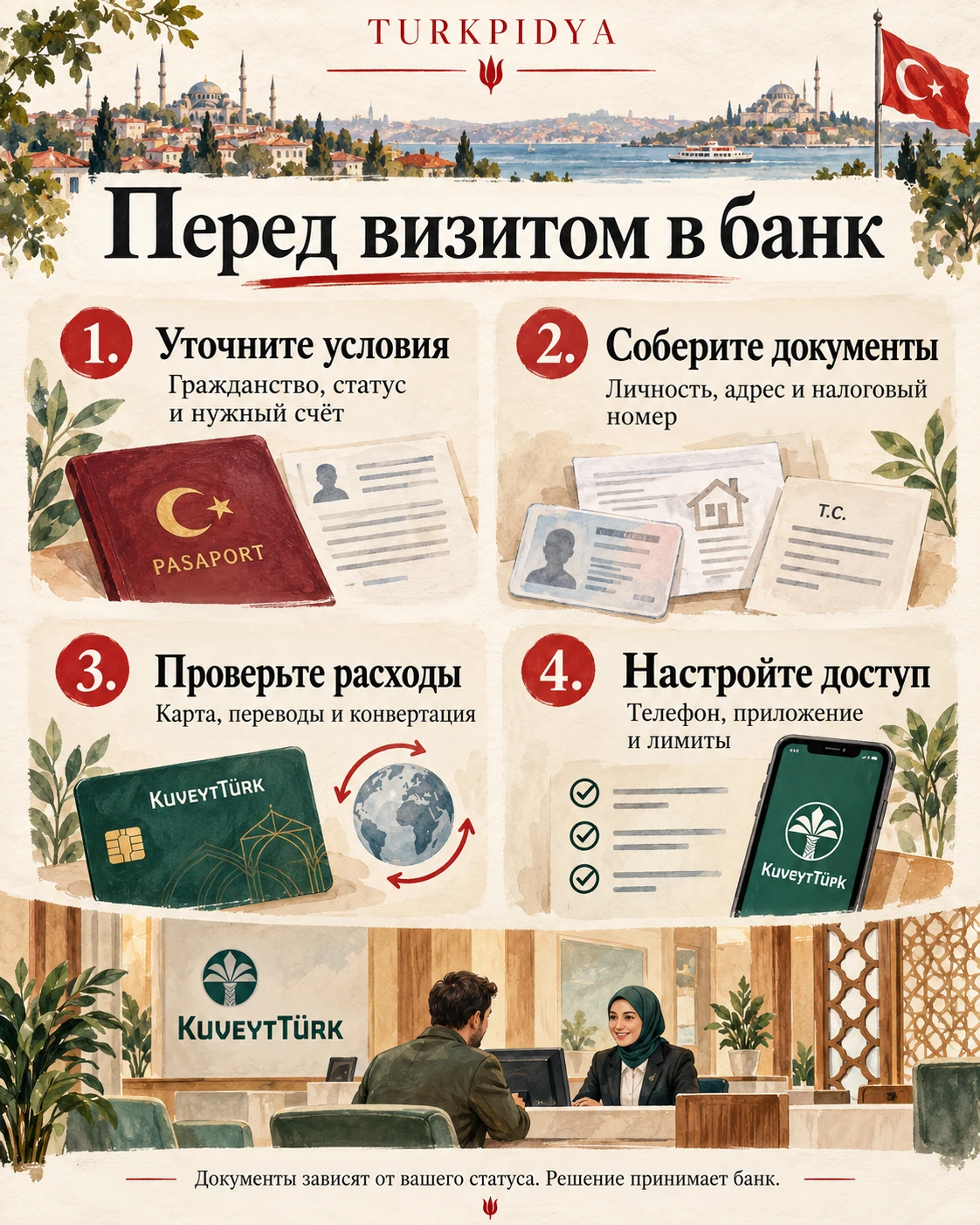 Перед визитом в банк: уточните условия, соберите документы, проверьте расходы и настройте доступ