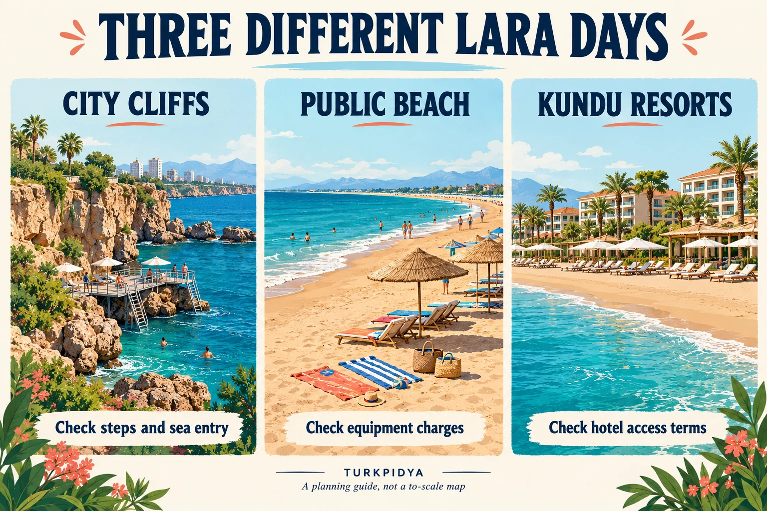 Three illustrated settings: city cliffs, public beach and Kundu resorts, with access checks for each