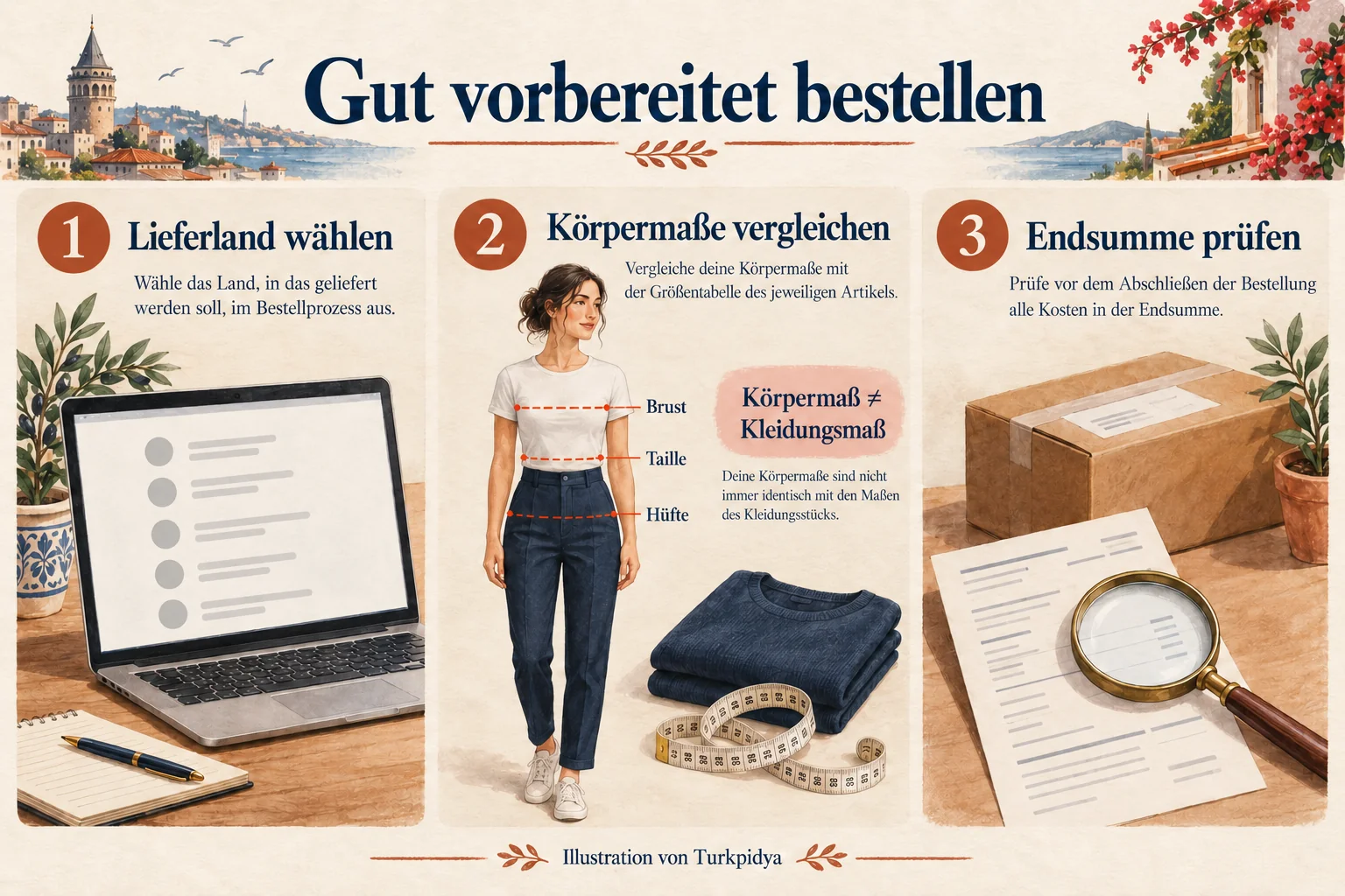 Drei Pr&uuml;fschritte: Lieferland w&auml;hlen, K&ouml;rperma&szlig;e mit der Gr&ouml;&szlig;entabelle vergleichen und Endsumme pr&uuml;fen