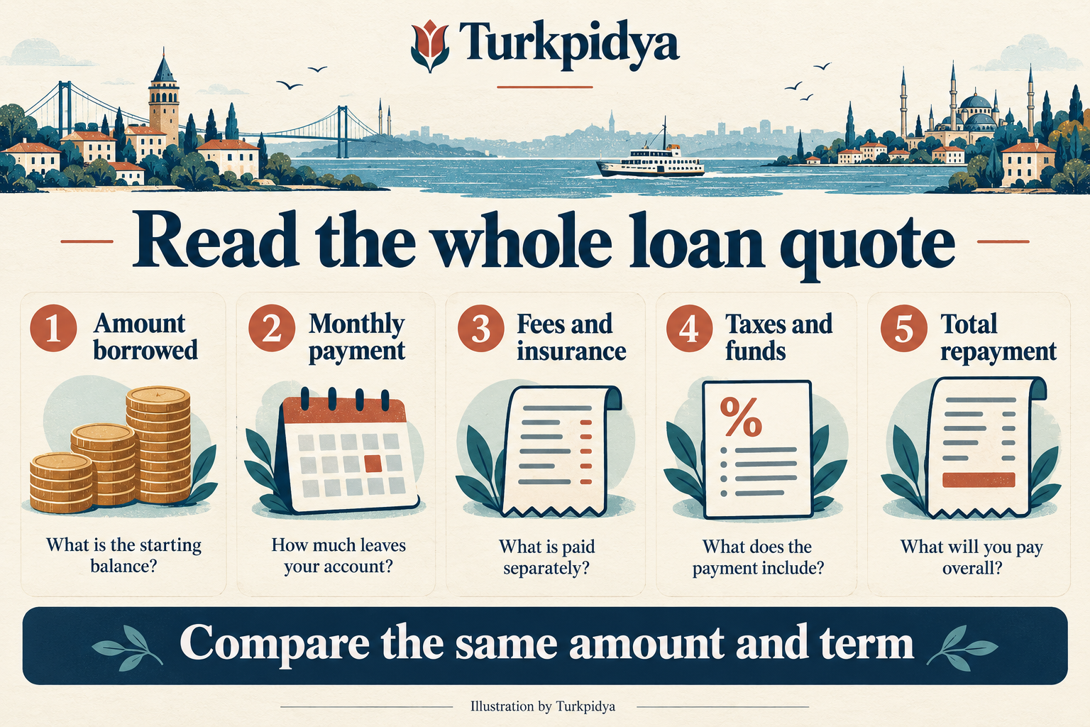 Five parts of a loan quote: amount borrowed, monthly payment, fees and insurance, taxes and funds, and total repayment.