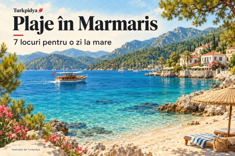 Ilustrație a unei zile la mare în Marmaris, cu golf, pini și o barcă
