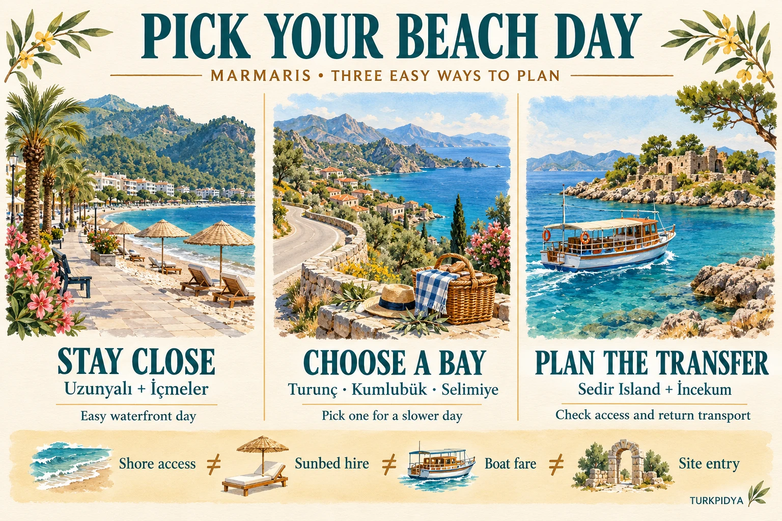 Three Marmaris beach plans: stay close at Uzunyalı or İçmeler; choose a bay at Turunç, Kumlubük or Selimiye; plan the transfer for Sedir Island or İncekum. Shore access, sunbed hire, boat fare and site entry are separate costs.