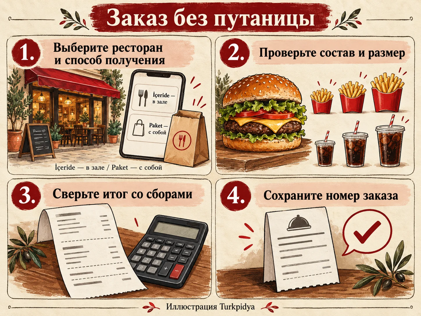 Четыре шага заказа: ресторан, состав, итоговая сумма и номер заказа