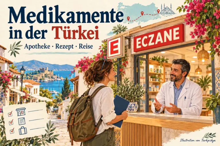 Illustration: Reisende mit Unterlagen im Gespräch mit einem Apotheker in einer türkischen Eczane