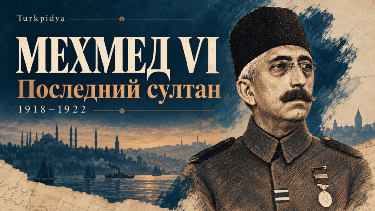 Мехмед VI — последний султан. Иллюстрированный портрет на фоне Стамбула.