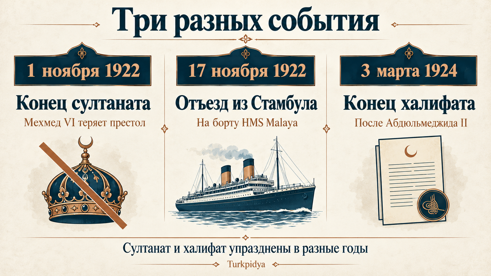 Три разных события: отмена султаната 1 ноября 1922 года, отъезд 17 ноября 1922 года, отмена халифата 3 марта 1924 года.