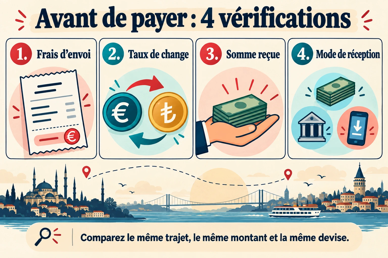 Avant de payer, v&eacute;rifiez les frais d&rsquo;envoi, le taux de change, la somme re&ccedil;ue et le mode de r&eacute;ception. Comparez le m&ecirc;me trajet, le m&ecirc;me montant et la m&ecirc;me devise.
