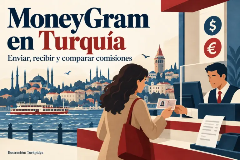 Ilustración de una transferencia de dinero en Turquía, con atención en ventanilla y el paisaje de Estambul
