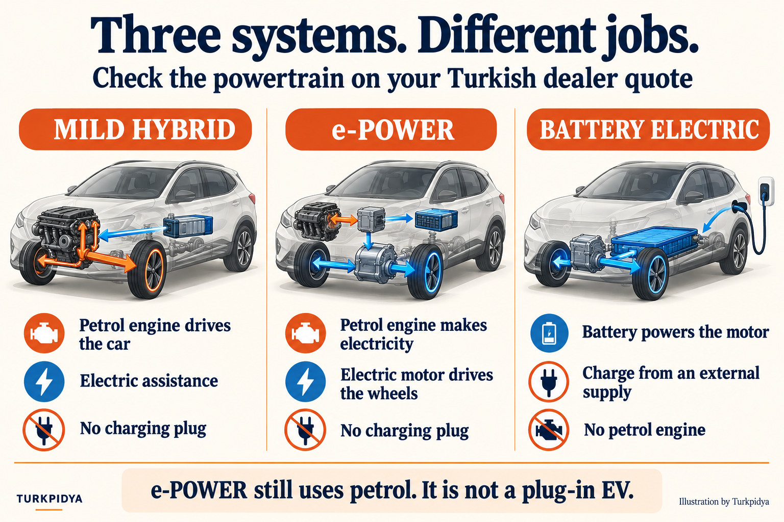 Three powertrain diagrams: mild hybrid uses a petrol drivetrain with electric assistance; e-POWER uses petrol-generated electricity and electric wheel drive; a battery-electric car charges externally.