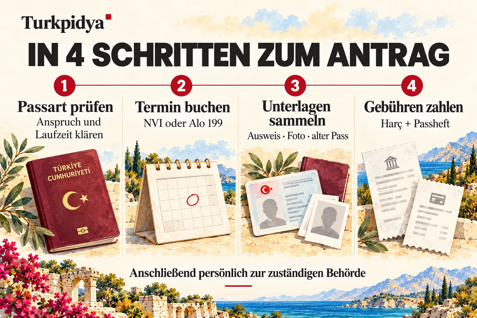 Vier Schritte: Passart und Laufzeit prüfen, Termin buchen, Ausweis, Foto und alten Pass sammeln, Gebühren zahlen; anschließend persönlich zur Behörde