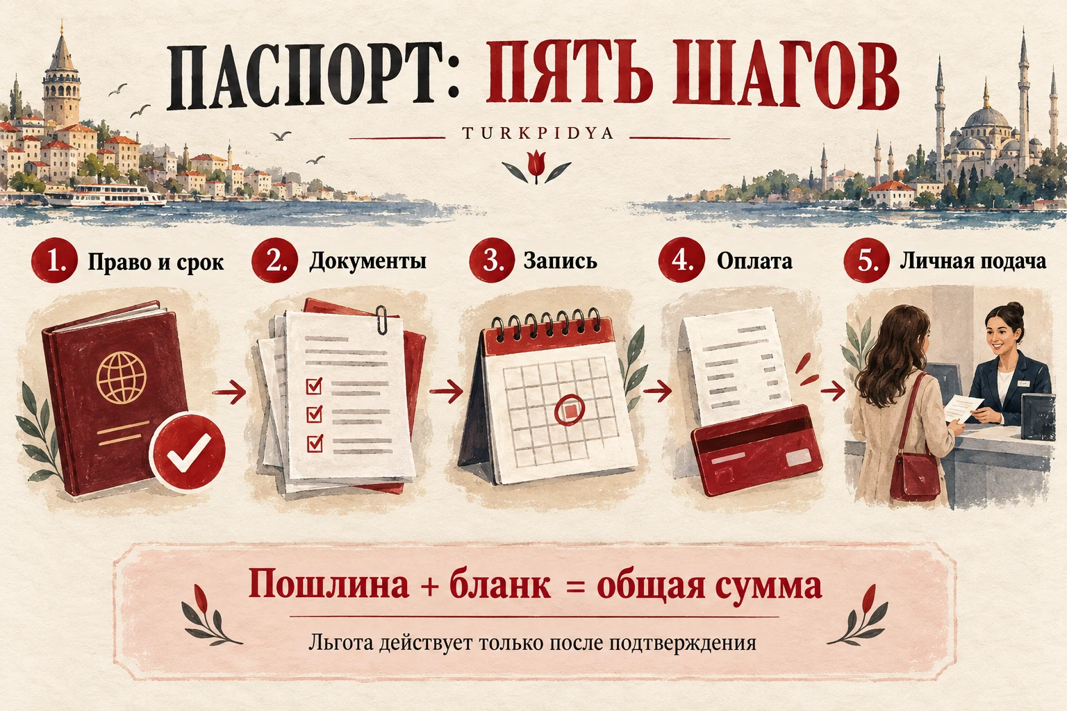 Пять шагов: проверить право и срок, собрать документы, записаться, оплатить и лично подать заявление