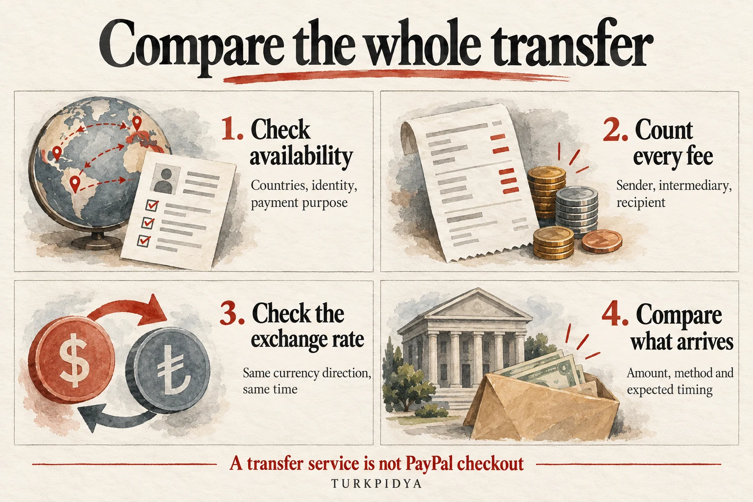 Four transfer checks: availability, every fee, exchange rate, and the amount and method received