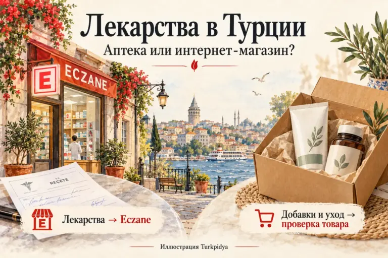 Лекарства в Турции: аптечная вывеска E и отдельная посылка с товарами для ухода