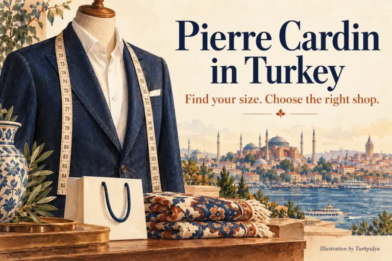 Illustrated guide to Pierre Cardin shopping in Turkey, with clothing, a measuring tape and home textiles