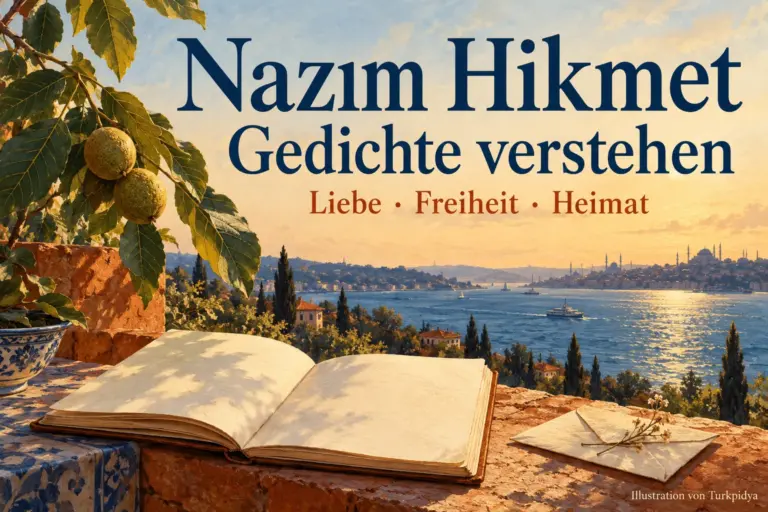 Ein aufgeschlagenes Buch, ein Brief und ein Walnusszweig vor einer symbolischen Meereslandschaft.