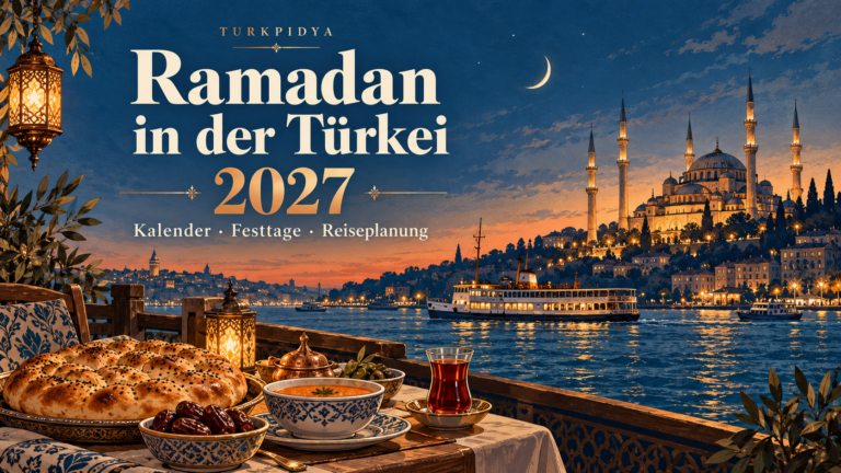 Ramadan in der Türkei 2027: illustrierter Iftar-Tisch mit Pide und Tee vor einer Istanbuler Moschee am Bosporus