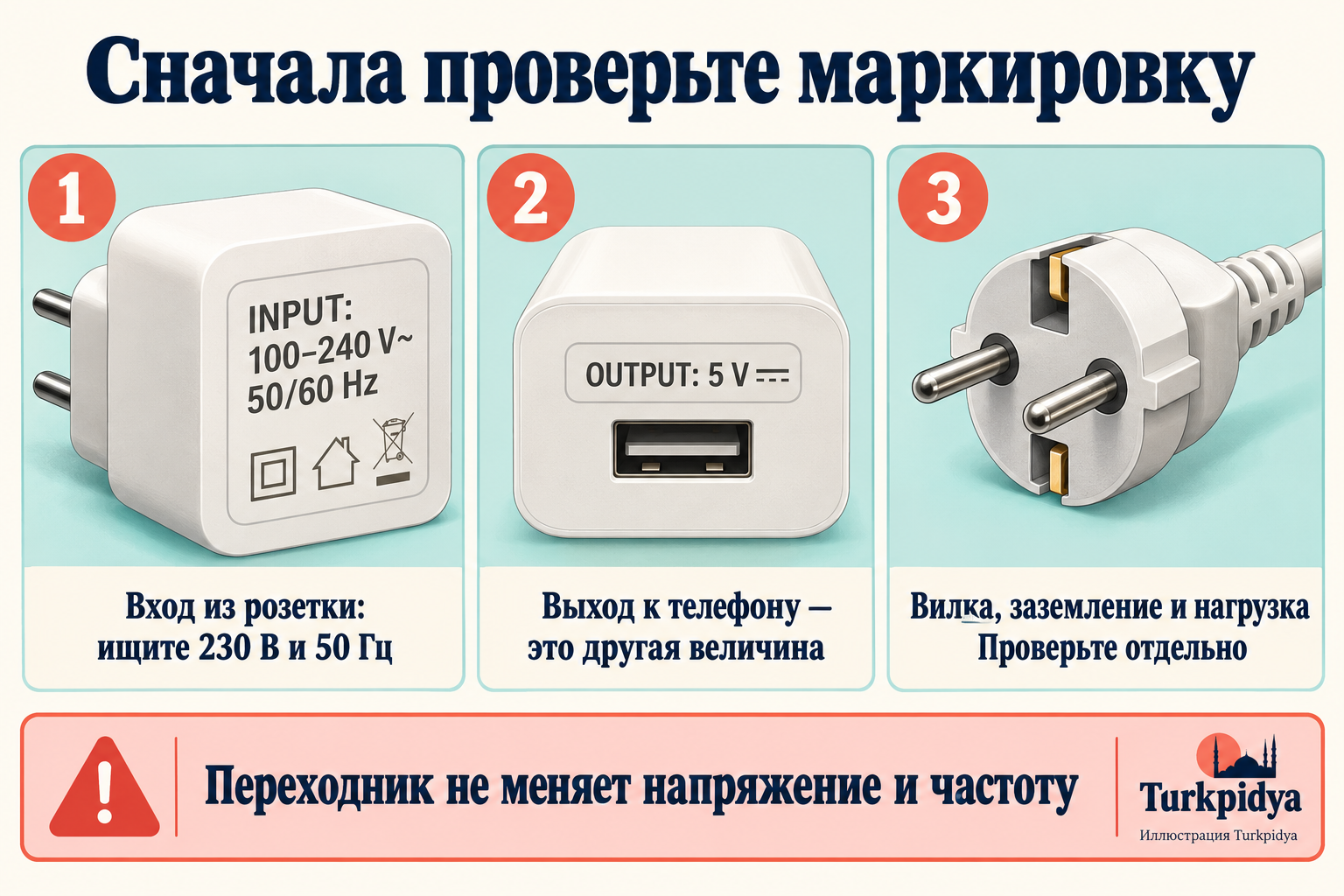 Учебная схема: INPUT 100&ndash;240 В 50/60 Гц, отдельный OUTPUT 5 В, затем проверка вилки, земли и нагрузки