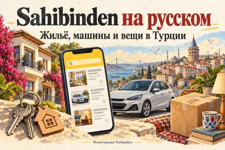 Иллюстрация: жильё, автомобиль и вещи на фоне Стамбула; русское руководство по Sahibinden