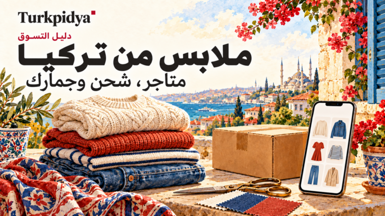 غلاف دليل التسوق من تركيا: ملابس، طرد شحن وهاتف يعرض منتجات أمام منظر لإسطنبول