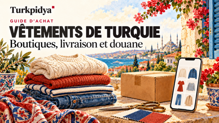 Illustration Turkpidya : vêtements turcs, colis et téléphone présentant des articles, avec Istanbul en arrière-plan.
