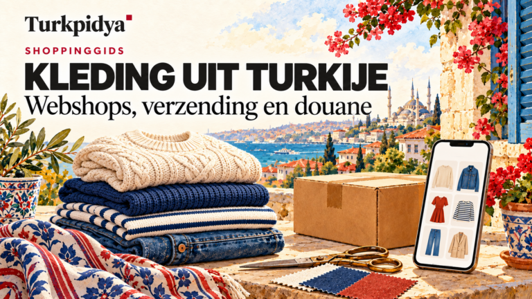 Illustratie van Turkpidya: Turkse kleding, een pakket en een telefoon met kledingproducten, met Istanbul op de achtergrond.