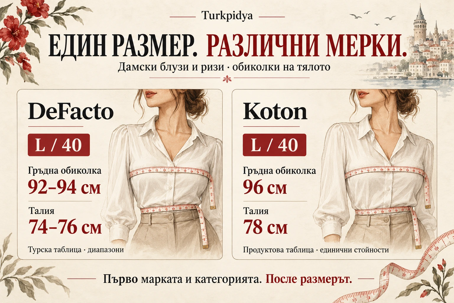 Дамски блузи и ризи L/40: DeFacto &mdash; гръдна обиколка 92&ndash;94 см и талия 74&ndash;76 см; Koton &mdash; 96 см и 78 см
