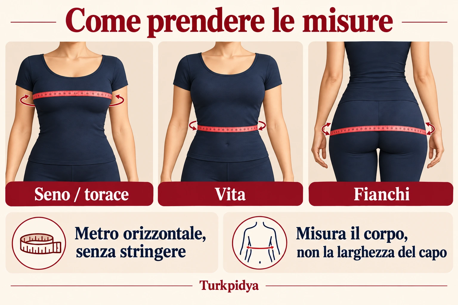 Come misurare seno o torace, vita naturale e fianchi con il metro orizzontale attorno al corpo