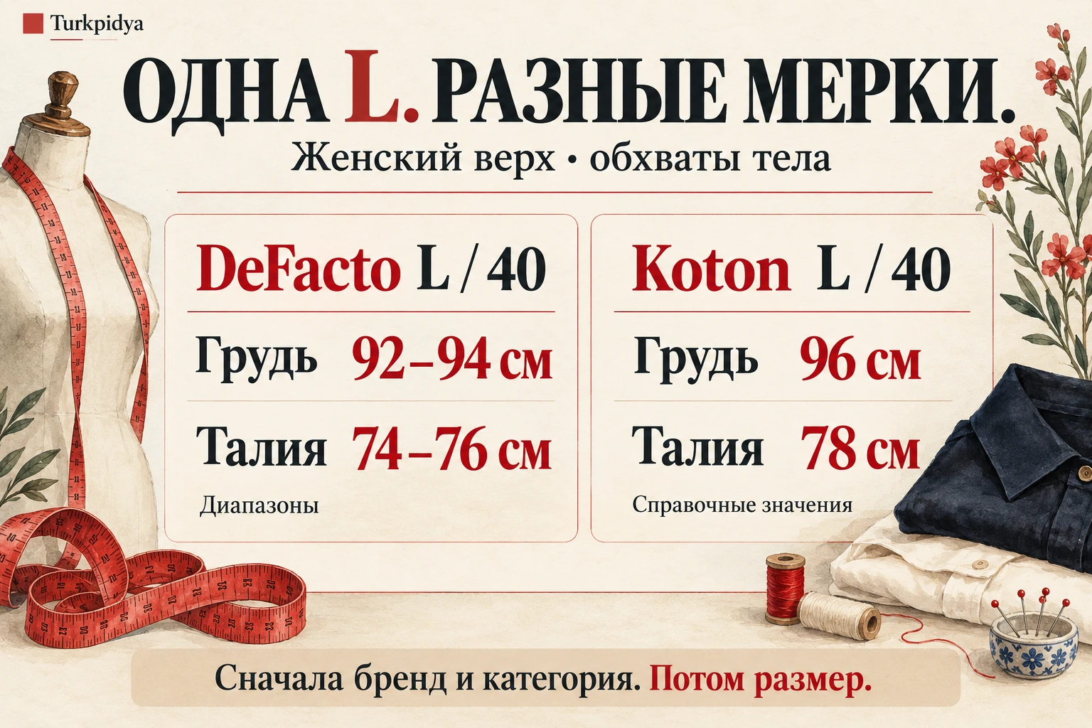 Женский верх L/40: DeFacto &mdash; грудь 92&ndash;94 и талия 74&ndash;76 см; Koton &mdash; грудь 96 и талия 78 см