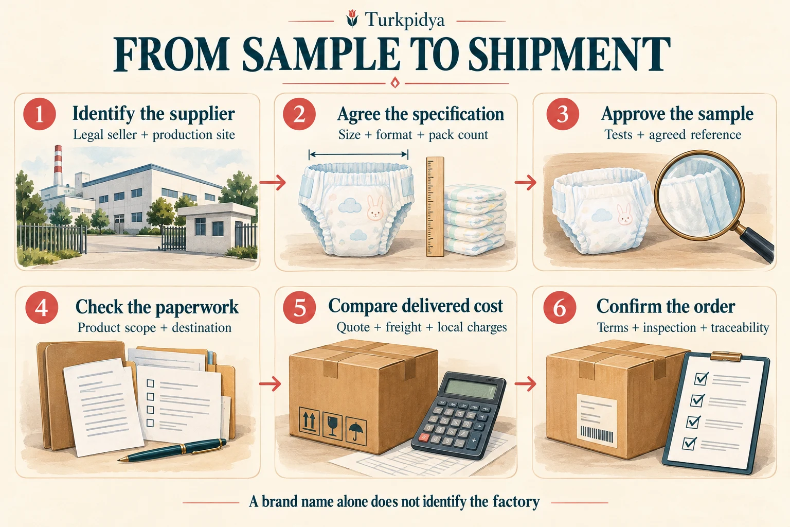 Six sourcing checks: identify the supplier, agree the specification, approve the sample, check paperwork, compare delivered cost and confirm the order