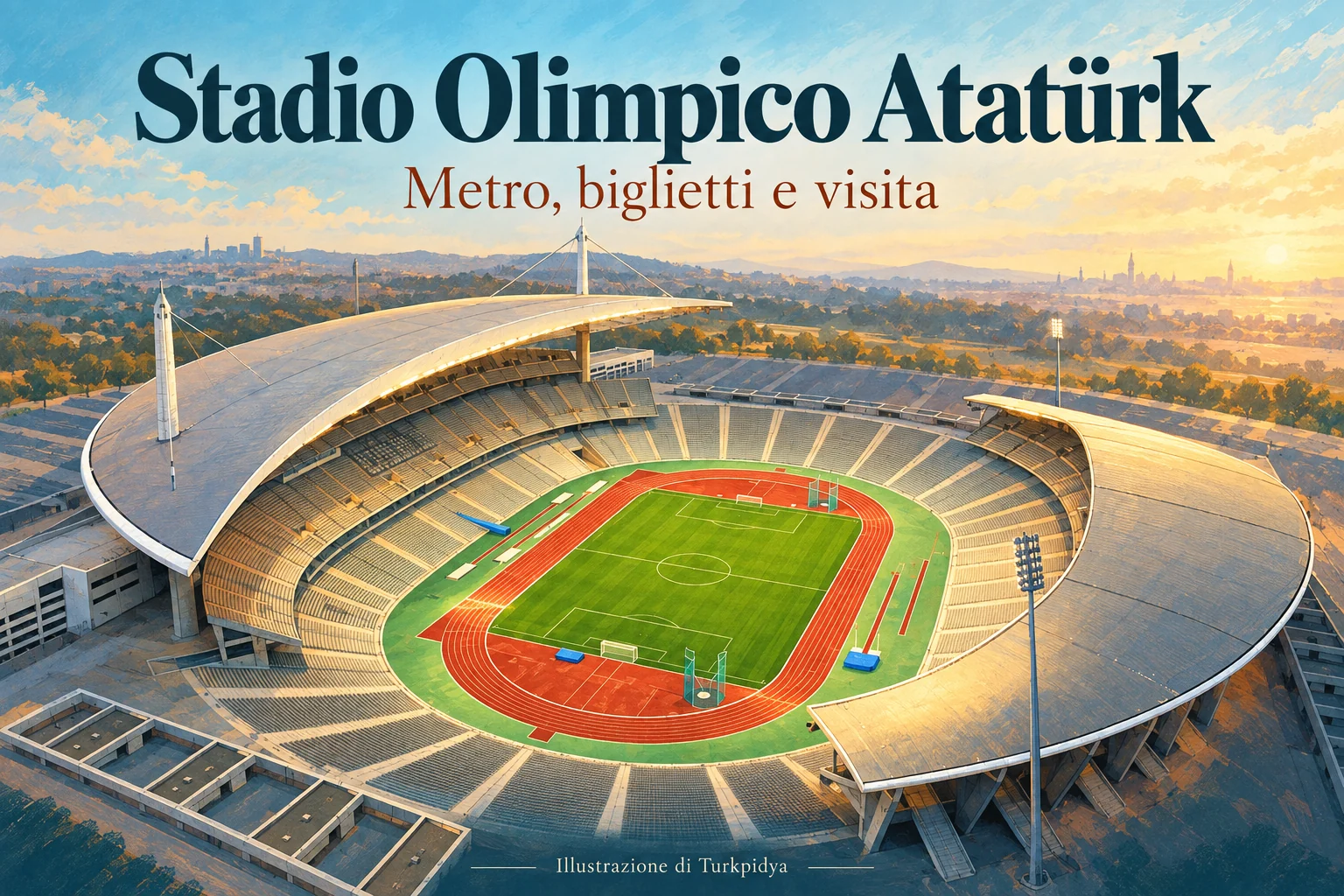 Illustrazione dello Stadio Olimpico Atatürk con le due grandi coperture curve e la pista intorno al campo