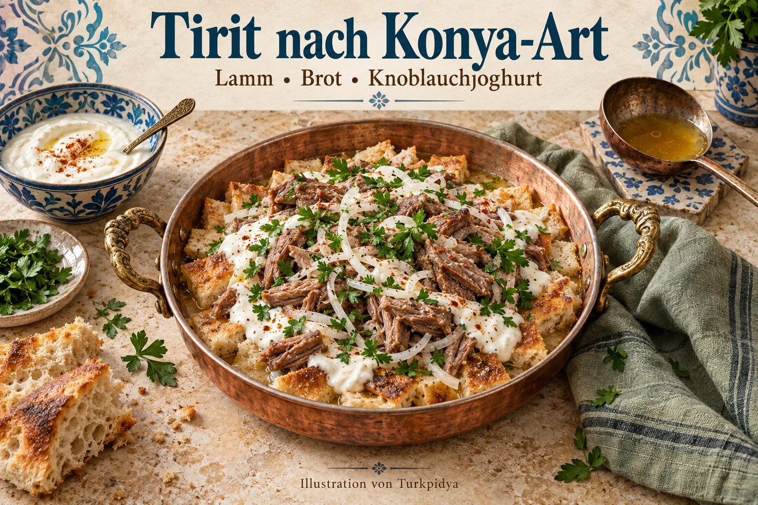 Illustration von Tirit nach Konya-Art mit Lamm, Brot, Knoblauchjoghurt, Zwiebel und Petersilie